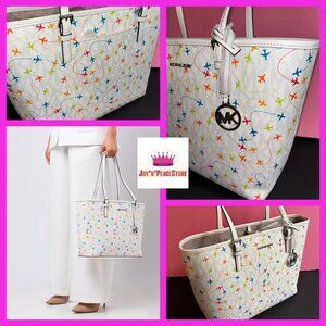 $328 NWT Women's Michael Kors Jet Set Tote Carryon Handbag White Airplane Print